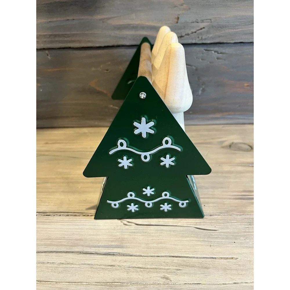 Wooden Christmas Tree Figurines In Green Metal Basket Farmhouse Holiday Decor